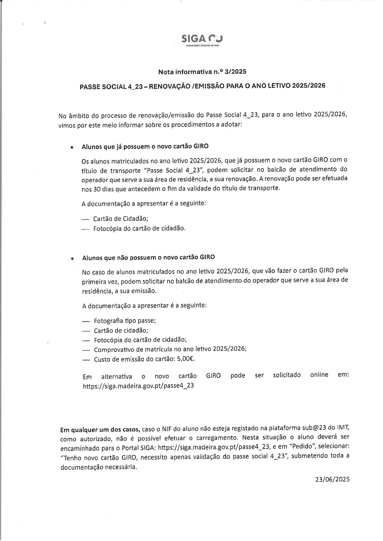 Passe Social – Renovação/Emissão para o ano letivo 2025/2026