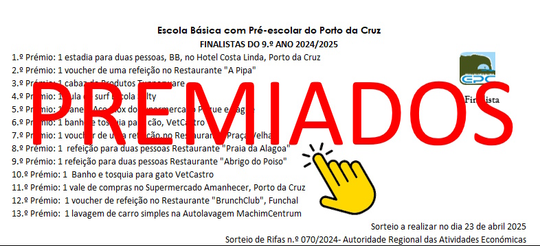 Premiados das Rifas dos Finalistas do 9.º ano Ano letivo 2024/2025.